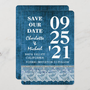 Invitación Moda Azul Denim Lace Modern Save The Date