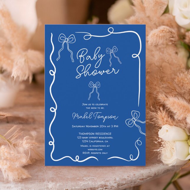 Invitación Moda azul dobla ilustraciones de cinta Ducha bebé (Blue chic bows ribbon illustrations Baby shower Invitation)