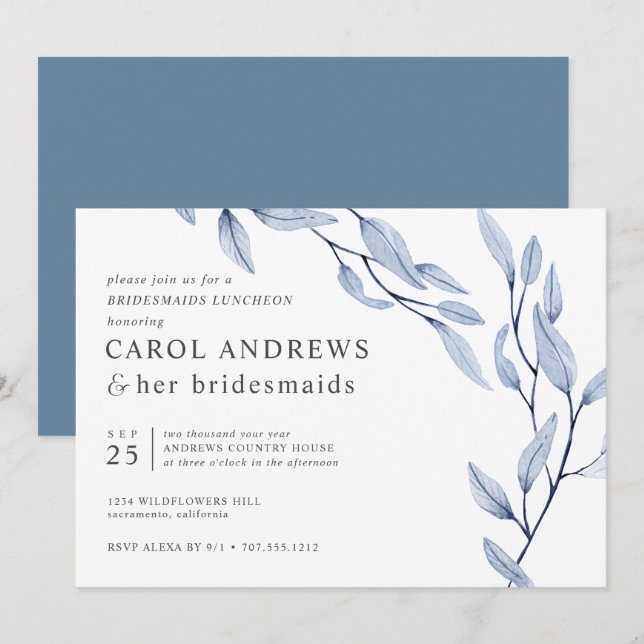 Invitación Moda azul etéreo Novias de honor botánicas Luncheo (Anverso / Reverso)