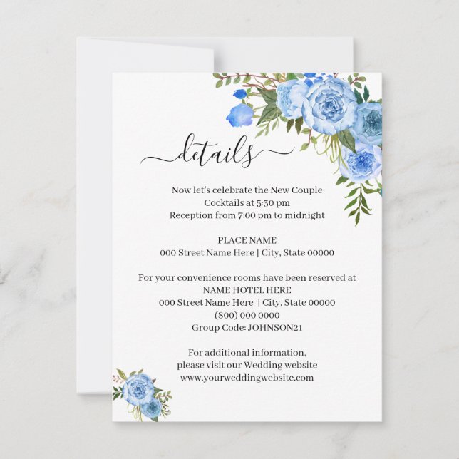 Invitación Moda azul floral romántica boho detalles insertar  (Anverso)