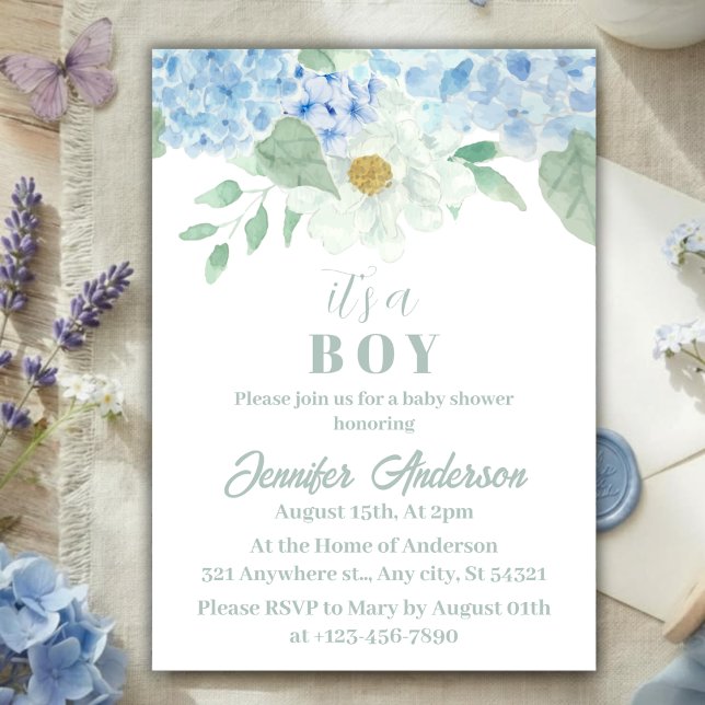 Invitación Moda Azul Hydrangea Es un chico Baby Shower (Subido por el creador)