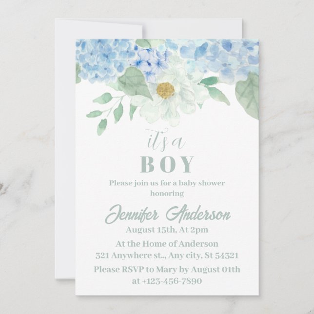 Invitación Moda Azul Hydrangea Es un chico Baby Shower (Anverso)