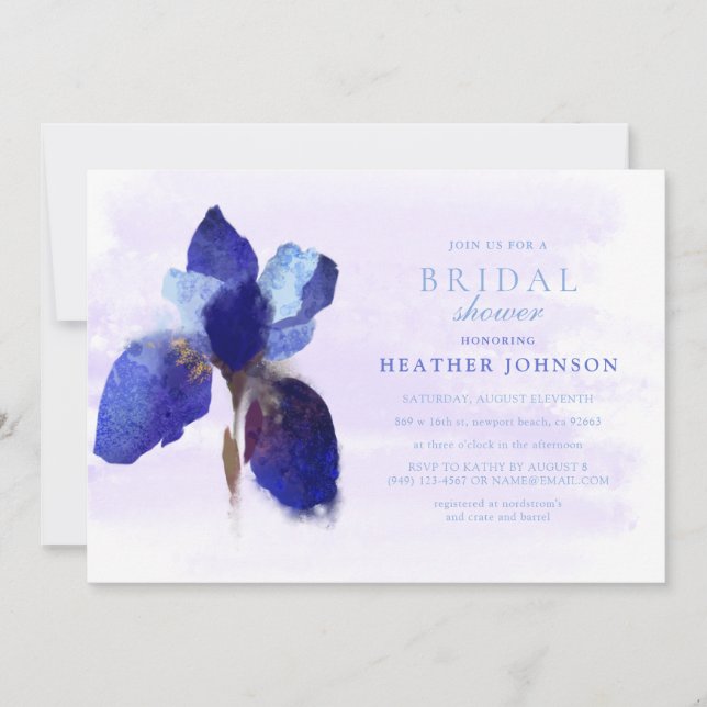 Invitación Moda Azul Iris Flor Boda de acuarela botánica (Anverso)