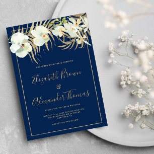 Invitación Moda azul marino oro elegante orquídea boda floral