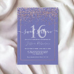 Invitación Moda azul morado de oro rosa grisáceo Sweet 16<br><div class="desc">Confeti de Relieve metalizado dorado rosa, elegante y moda, con bordes geométricos Sweet 16 cumpleaños, invitación a una fiesta de cumpleaños, con un editable color azul violeta de color perwinkle del fondo del año y un moderno y elegante tipo de letra de guión, es perfecto para un elegante fiesta de...</div>