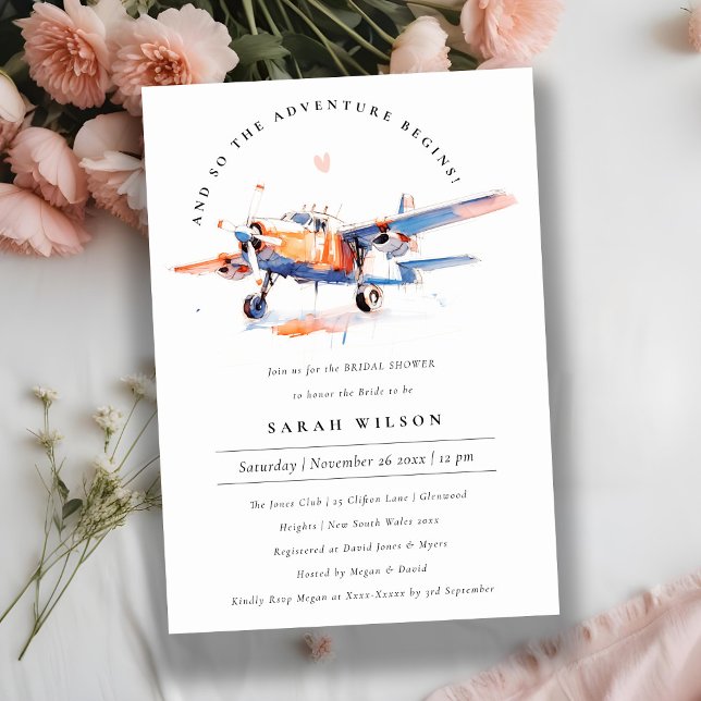 Invitación Moda Azul Naranja Rubor Airplane Bridal Shower (Subido por el creador)