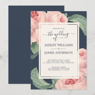 Invitación Moda Azul oscuro Vintage Rosa Rosa Boda Floral
