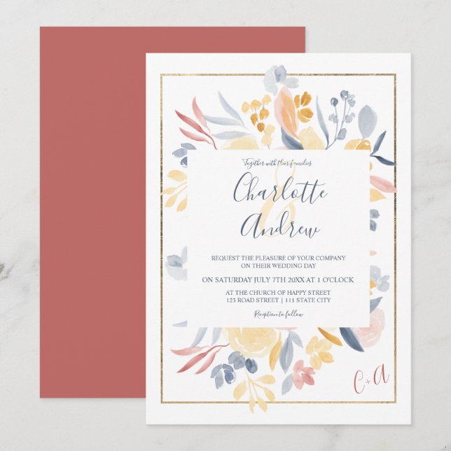 Invitación Moda azul otoño floral acuarela boda (Anverso / Reverso)