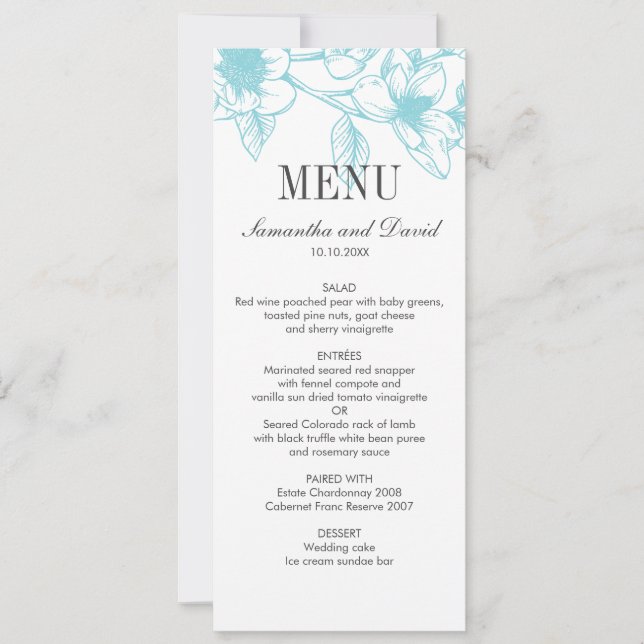 Invitación Moda Azul pálido Magnolia Flores Boda Cena (Anverso)