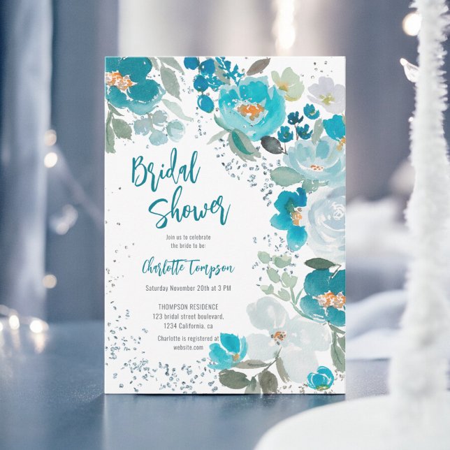 Invitación Moda azul pintada mano Floral Invernal ducha de no (Hand Painted Blue chic Floral Winter bridal shower Invitation)