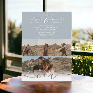 Invitación Moda azul polvorienta moderna 5 Fotos boda de guio