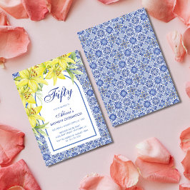 Invitación Moda Azul Portugués Azulejo Lily Floral Cumpleaños