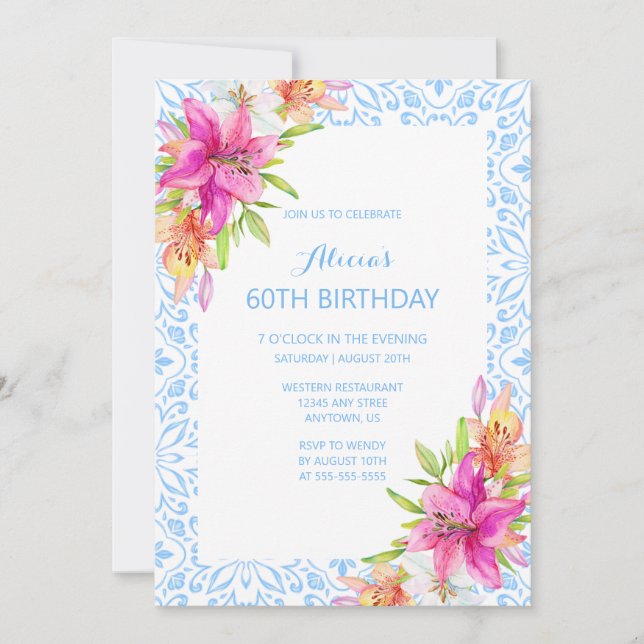 Invitación Moda Azul Portugués Azulejo Mosaic Lily Cumpleaños (Anverso)