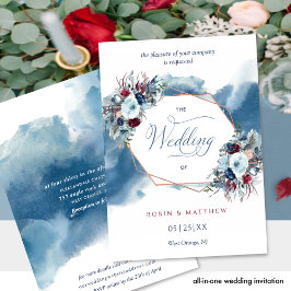 Invitación Moda Azul Rojo Borgoña Floral Boda de acuarela