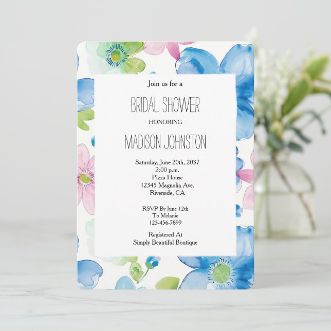 Invitación Moda Azul Rosa Verde Floral Bridal Shower (Anverso de pie)