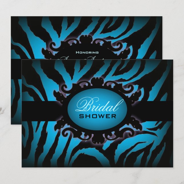 Invitación moda azul turquesa de estampado de cebra azul Brid (Anverso / Reverso)