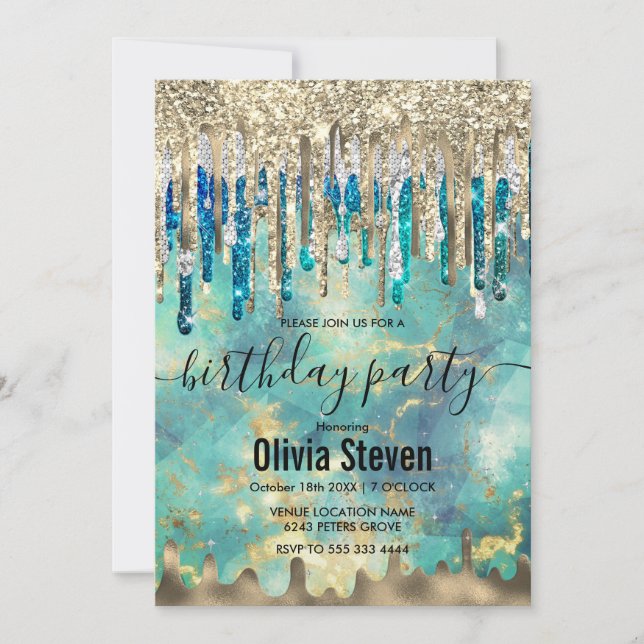 Invitación Moda azul turquesa purpurina oro goteo monograma (Anverso)