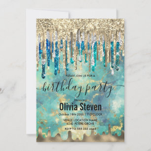Invitación Moda azul turquesa purpurina oro goteo monograma
