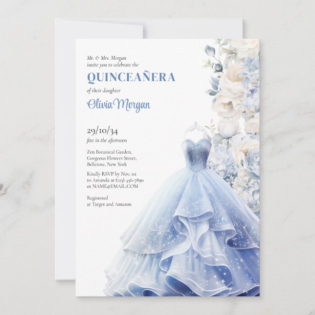 Invitación Moda azul vestido opulento flores acuarelas peonía (Anverso)