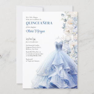 Invitación Moda azul vestido opulento flores acuarelas peonía