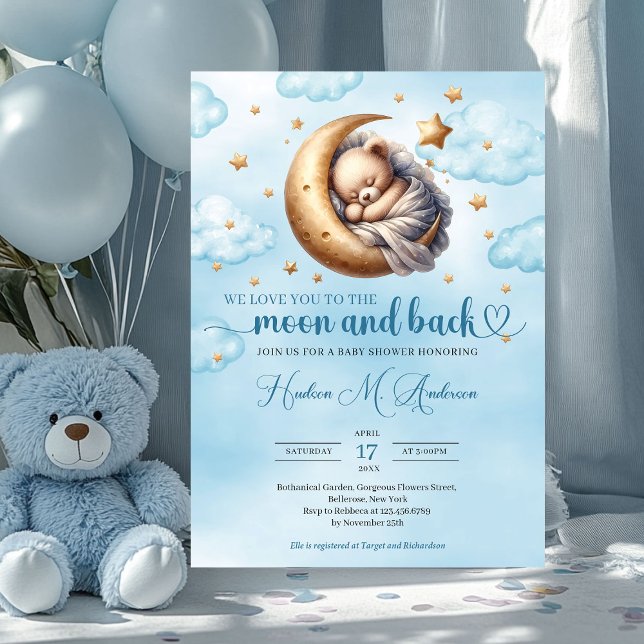 Invitación Moda azul y dorada de moda y back Boy Baby Shower (we love you to the moon and back - boy baby shower invitation)