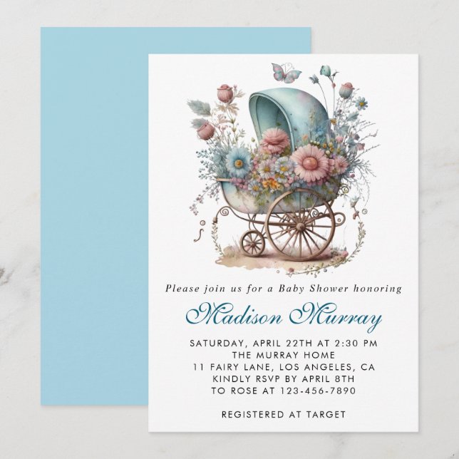 Invitación Moda azul y rosa Floral Stroller Baby Shower (Anverso / Reverso)