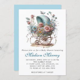 Invitación Moda azul y rosa Floral Stroller Baby Shower