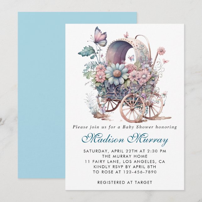Invitación Moda azul y rosa Floral Stroller Baby Shower (Anverso / Reverso)