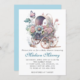 Invitación Moda azul y rosa Floral Stroller Baby Shower