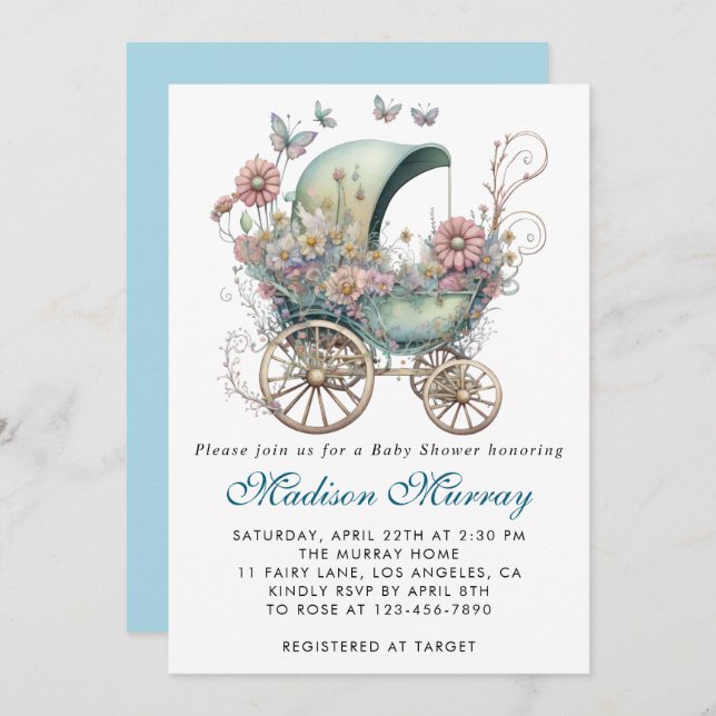 Invitación Moda azul y rosa Floral Stroller Baby Shower (Anverso / Reverso)