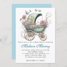 Invitación Moda azul y rosa Floral Stroller Baby Shower