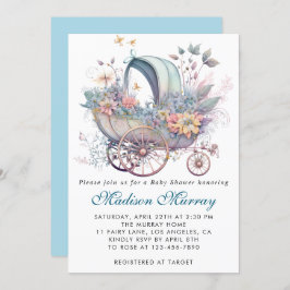 Invitación Moda azul y rosa Floral Stroller Baby Shower