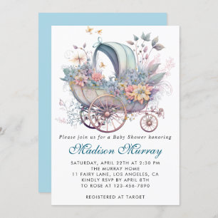 Invitación Moda azul y rosa Floral Stroller Baby Shower