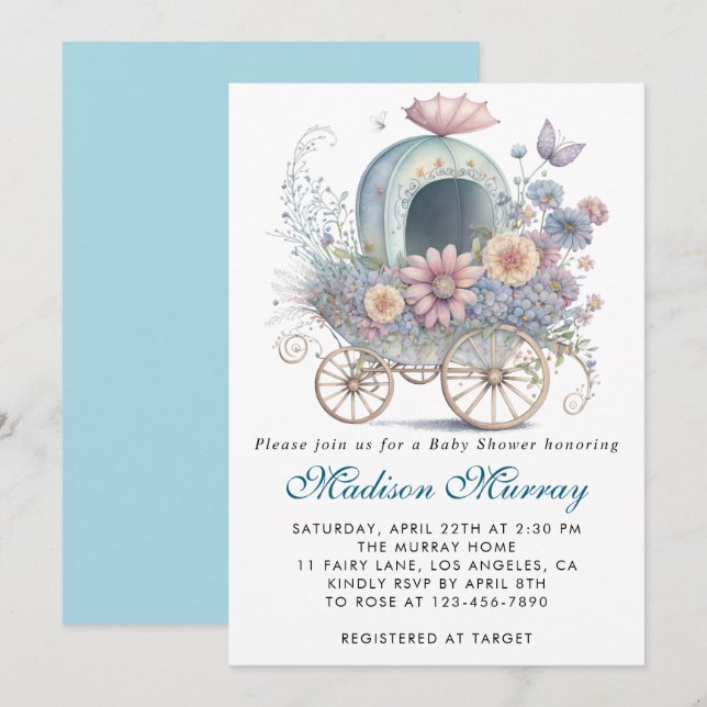 Invitación Moda azul y rosa Floral Stroller Baby Shower (Anverso / Reverso)