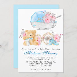 Invitación Moda Azul y Rosa Floral Stroller Pram Baby Shower