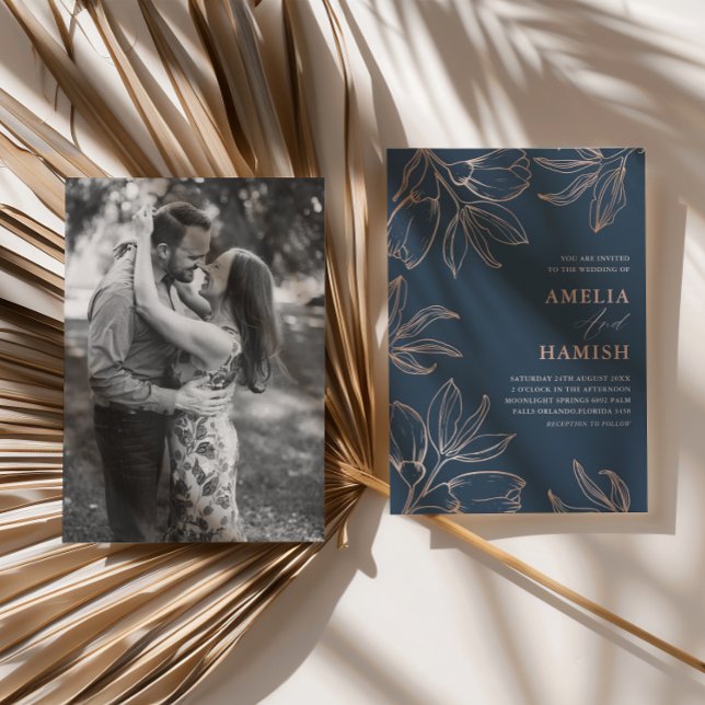 Invitación Moda Azul y Rosa Oro Foliage 1 Boda de fotos (Subido por el creador)