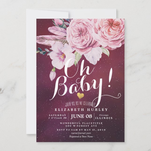 Invitación Moda Baby Shower Boho Floral Feathers Burgundy Red (Anverso)