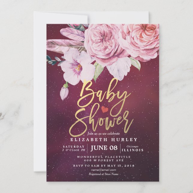 Invitación Moda Baby Shower Boho Floral Feathers Burgundy Red