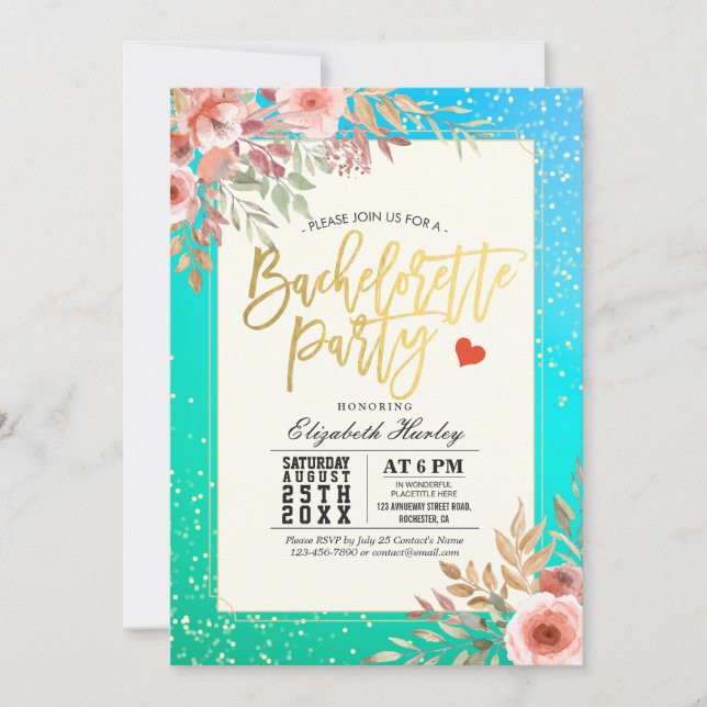 Invitación Moda Bachelorette Party Pink Floral Verde azulado  (Anverso)