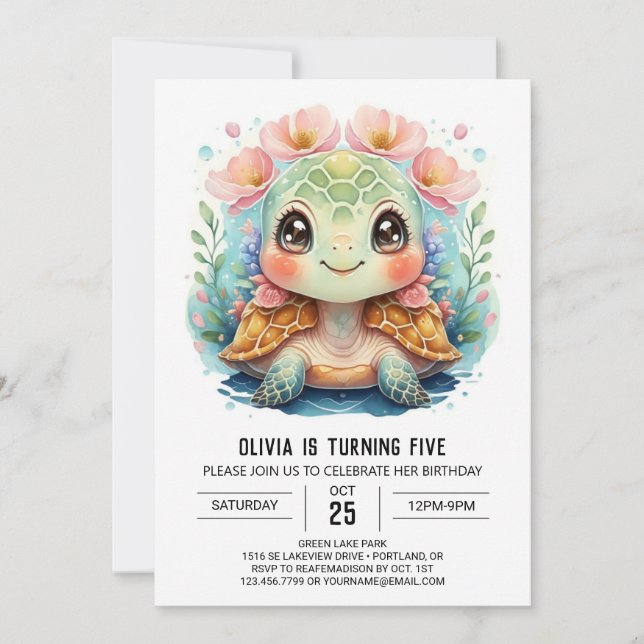 Invitación Moda bajo el mar Chica Tortuga Cumpleaños (Anverso)