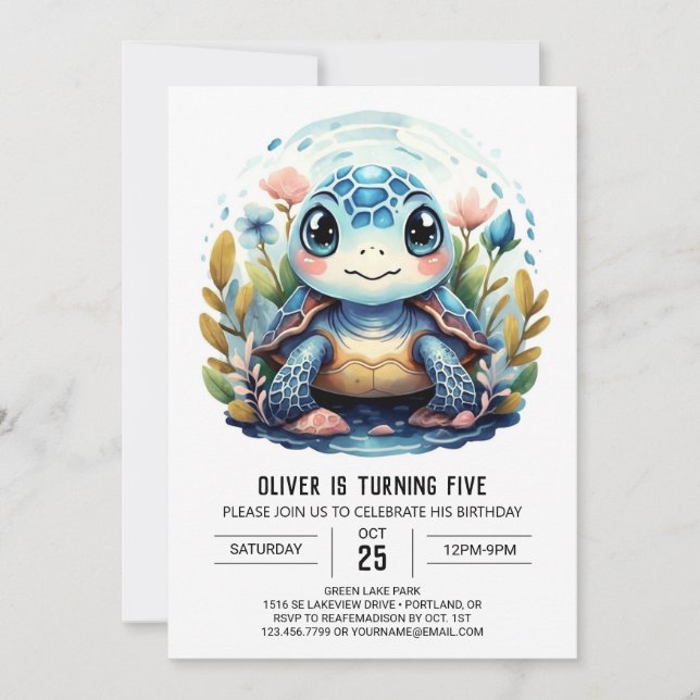Invitación Moda bajo el mar Turtle Azul (Anverso)