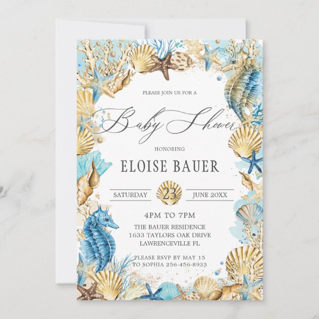 Invitación Moda bajo la sirena marina Baby Shower Oro Azul (Anverso)