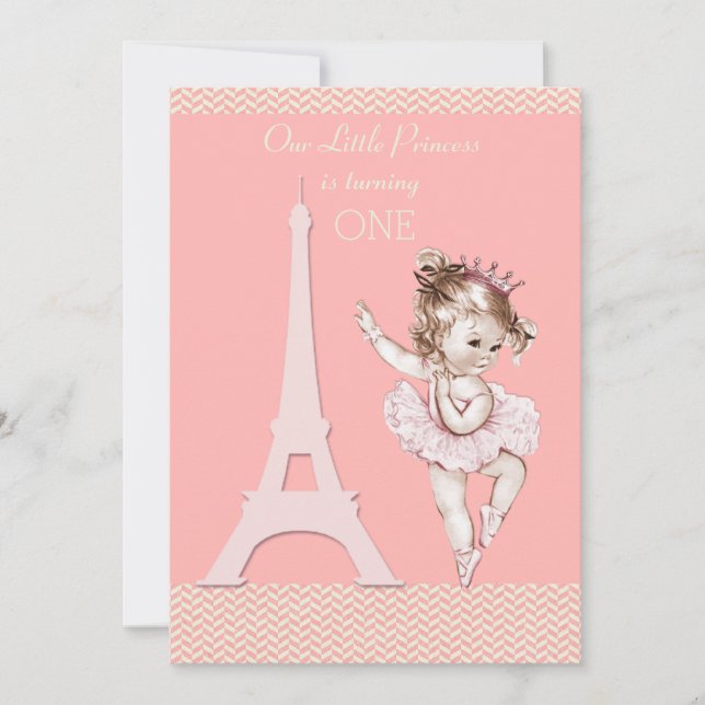 Invitación Moda Ballerina Eiffel Tower Chevrons 1º cumpleaños (Anverso)