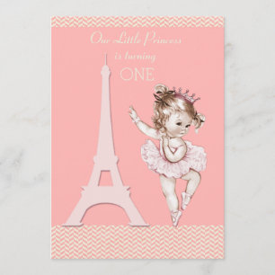 Invitación Moda Ballerina Eiffel Tower Chevrons 1º cumpleaños