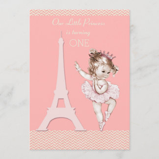 Invitación Moda Ballerina Eiffel Tower Chevrons 1º cumpleaños