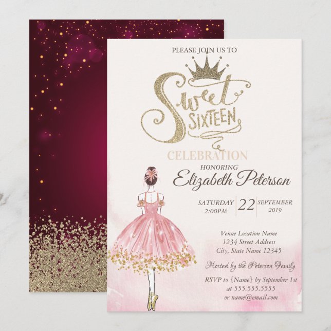 Invitación Moda Ballerina, Tiara, Diamantes Dulce 16 (Anverso / Reverso)