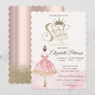 Invitación Moda Ballerina, Tiara, Diamonds Rosa Oro Dulce 16