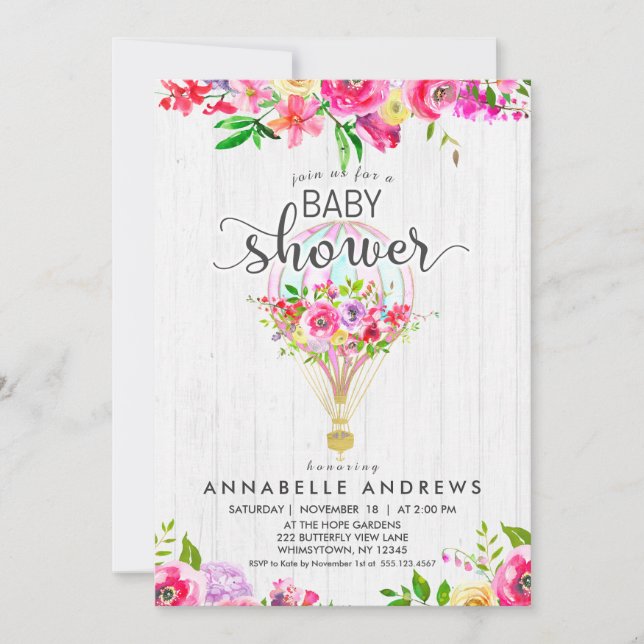 Invitación Moda Balón de aire caliente Bebé Chica Ducha Invit (Anverso)