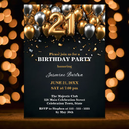 Invitación Moda Balón negro y dorado plateado 21 cumpleaños