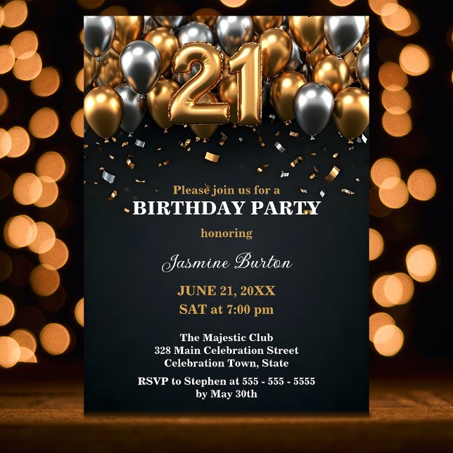 Invitación Moda Balón negro y dorado plateado 21 cumpleaños (Subido por el creador)